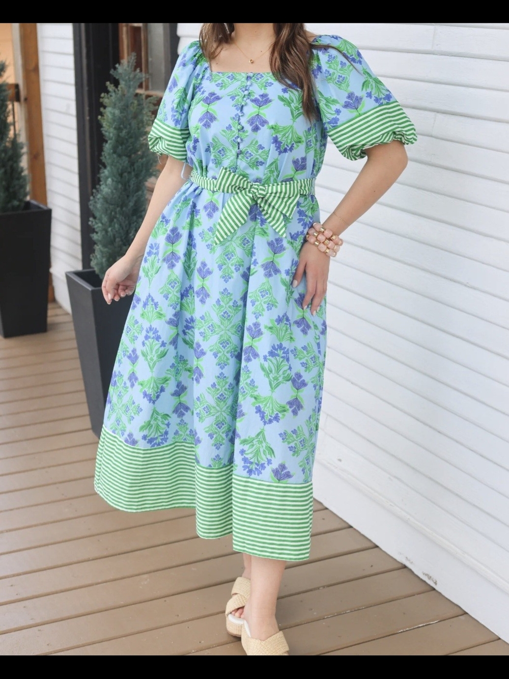 LARGE Blue & Green Floral Midi Dress with Striped Belt